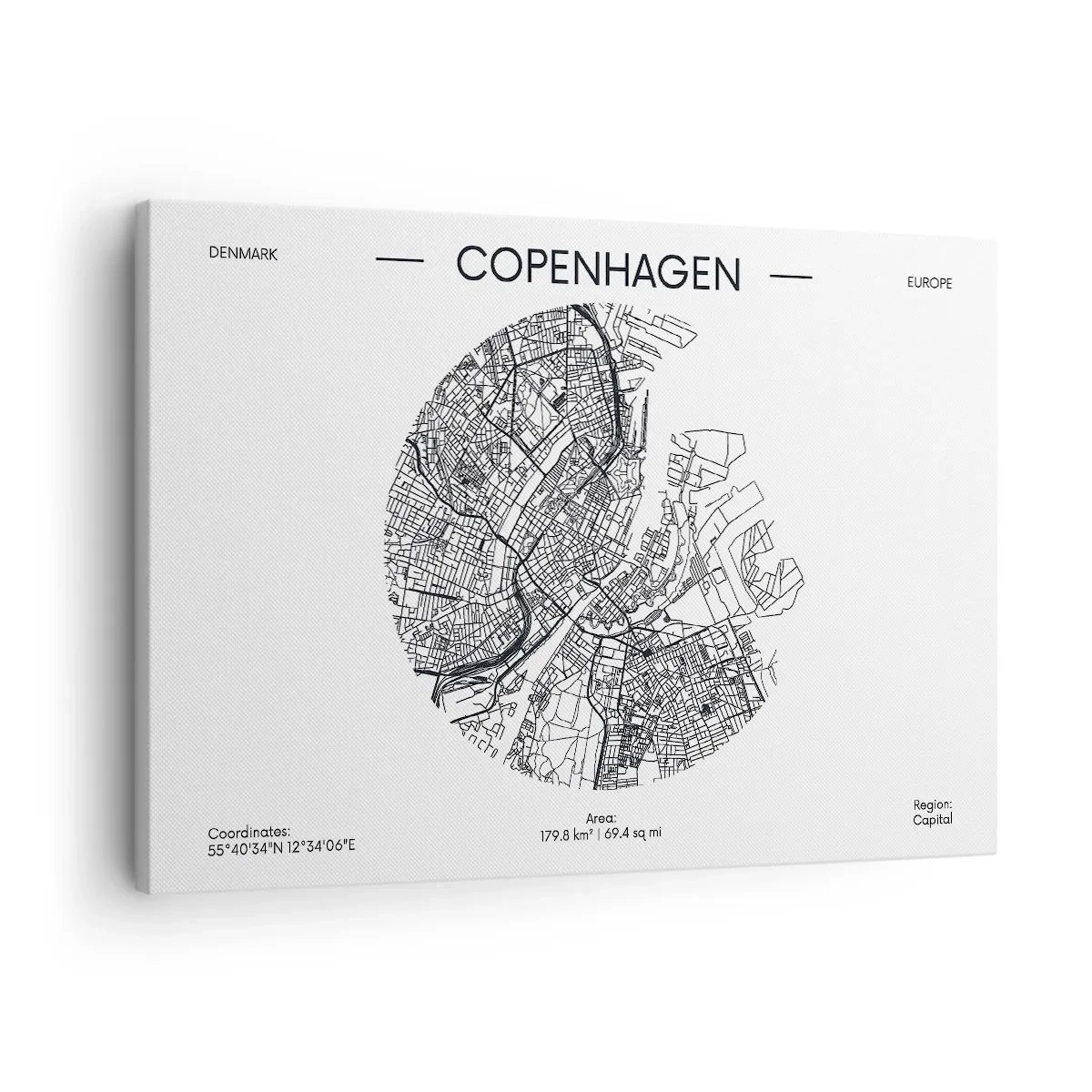 Lærredstryk - Billede på lærred - Et kort over København i minimalistisk sort-hvid stil. - 70x50cm - Københavns anatomi - Moderne vægdekoration til stue og soveværelse ARTTOR