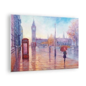 Billede på glas - London-scene i regnvejr med Big Ben og den røde boks - 70x50cm - En efterårsdag i London - Moderne vægdekoration til stue og soveværelse ARTTOR