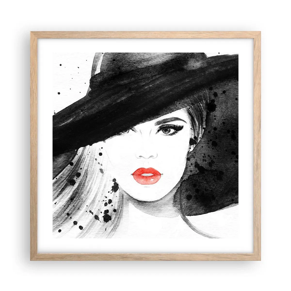 Plakat i ramme af lyst egetræ - Dame i sort - 50x50 cm