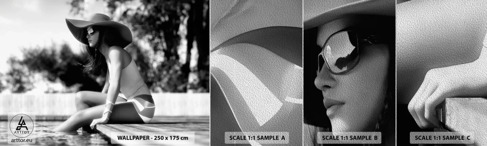 Prøve Fototapet Premium Sand - Sommerdrøm - Kvinde, Hat, Svømmepøl - 100x30 cm