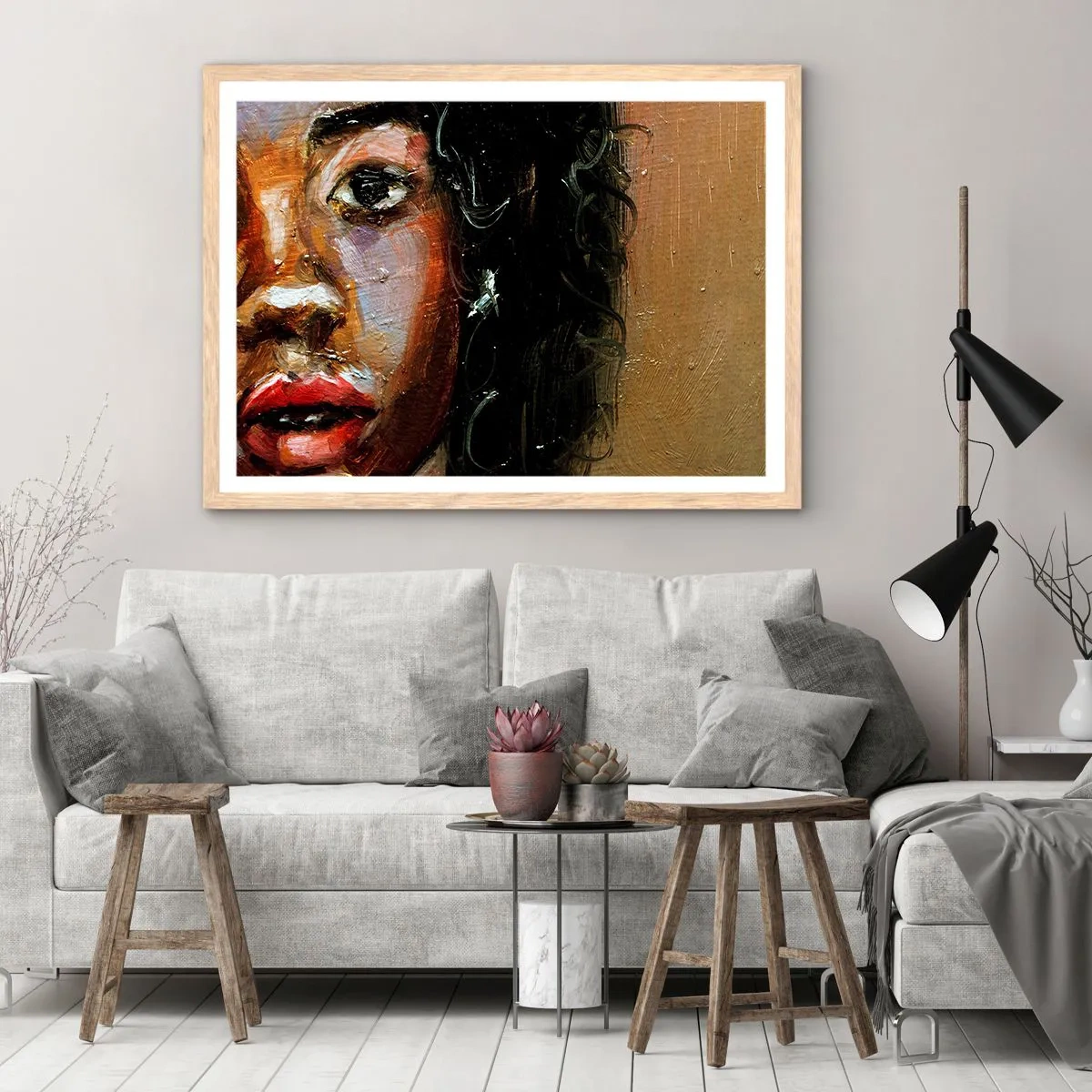 Plakat i ramme af lyst egetræ - Sort og glitter - 100x70 cm