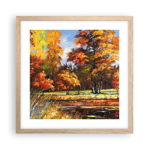 Plakat i ramme af lyst egetræ - Landskab i guld og bronze - 40x40 cm