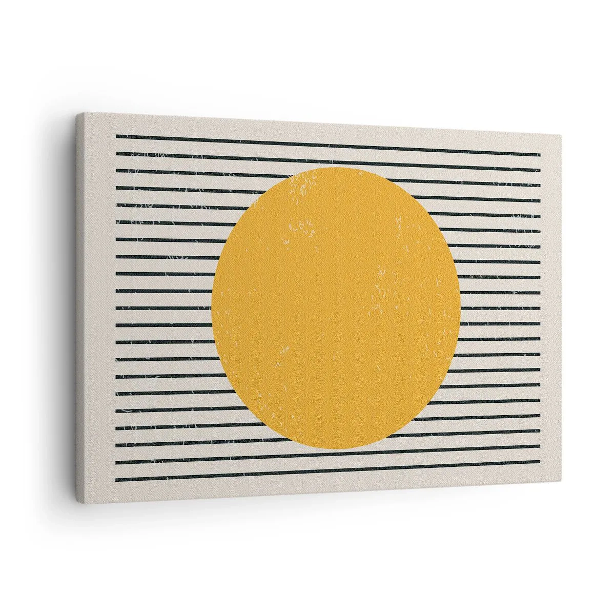 Lærredstryk - Billede på lærred - En gul cirkel på en baggrund af sorte og hvide vandrette linjer - 70x50cm - Enkelthedens kraft - Moderne vægdekoration til stue og soveværelse ARTTOR