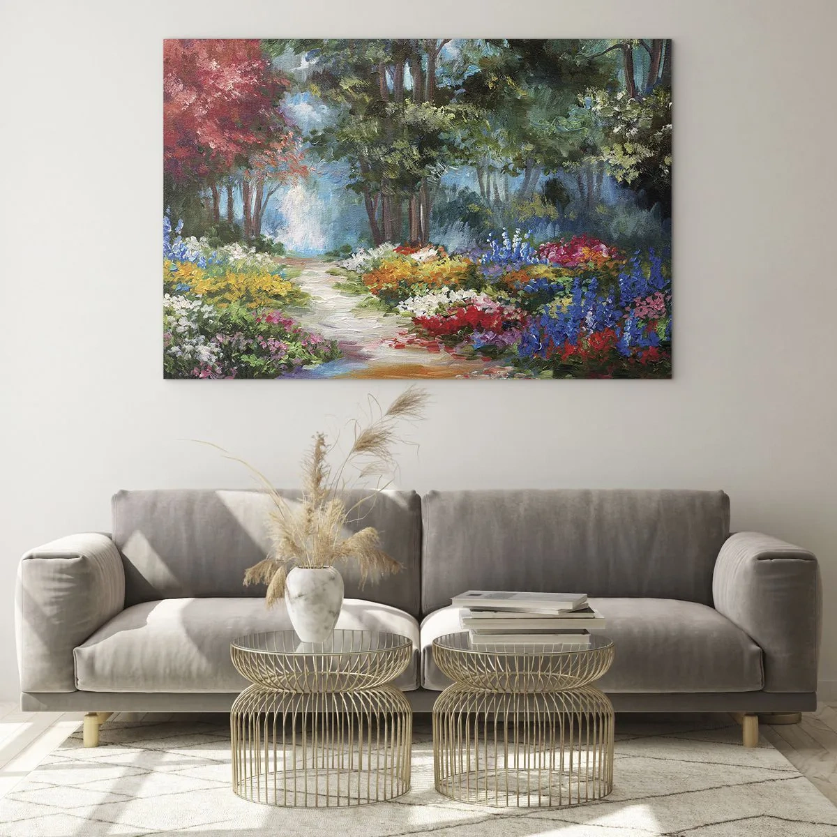 Billede på glas - En farverig skovhave med blomstrende blomster - 70x50cm - Skovhave, blomsterskov - Moderne vægdekoration til stue og soveværelse ARTTOR