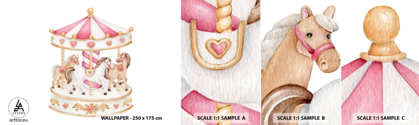 Prøve Fototapet Selvklæbende Deluxe Sticker - Barndommens søde verden - Merry-go-round, Girly, Heste - 100x30 cm