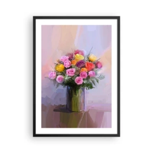 Plakat i sort ramme - En buket roser og blomster i en glasvase - 50x70cm - Bevaret skønhed - Moderne vægdekoration til stue og soveværelse ARTTOR