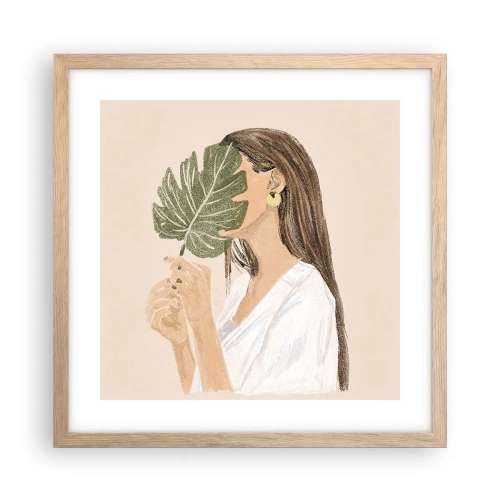 Plakat i ramme af lyst egetræ - Mystisk portræt med en vifte - 40x40 cm