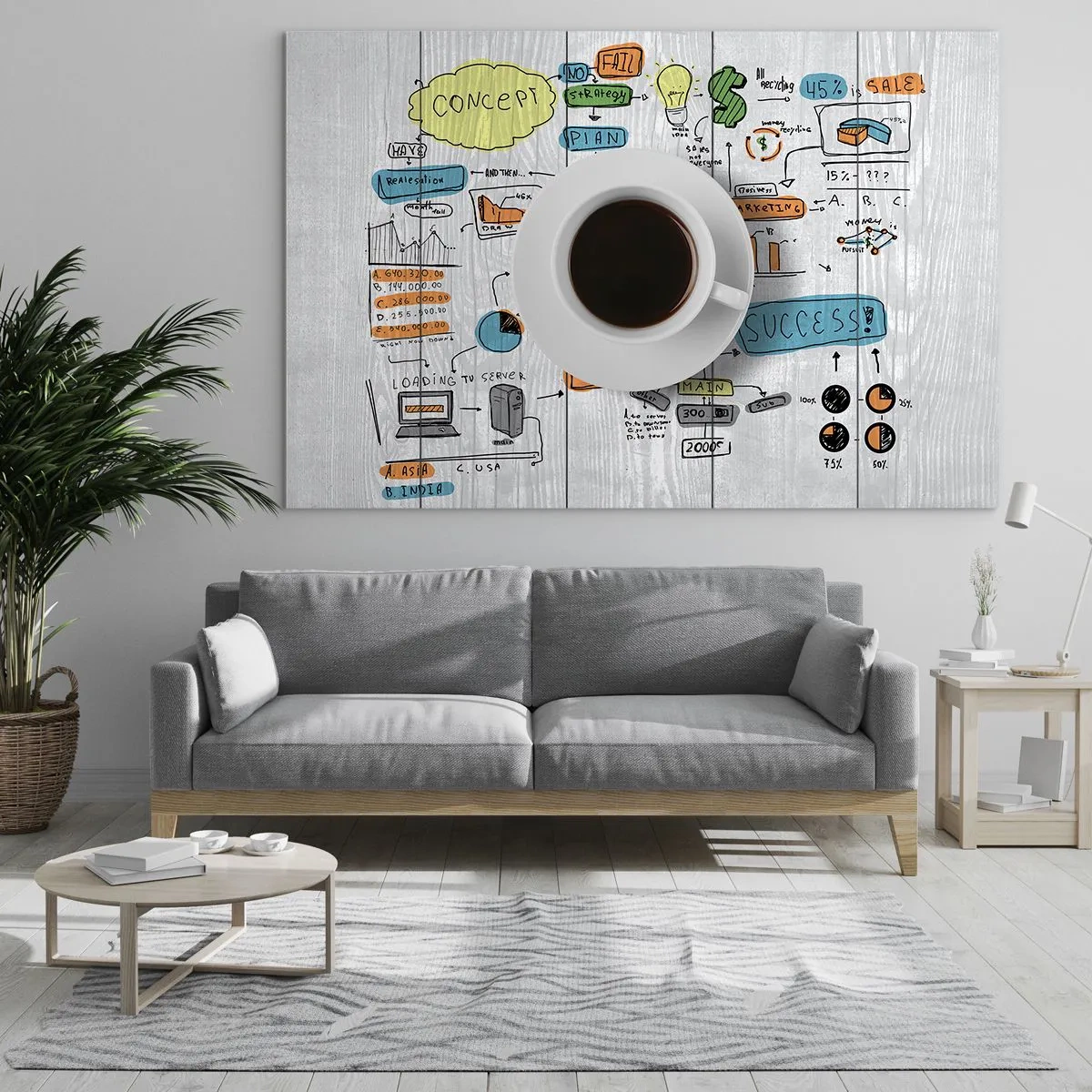 Billede på glas - En kop kaffe mod en baggrund af diagrammer og konceptuelle tegninger - 70x50cm - Tid til en pause - Moderne vægdekoration til stue og soveværelse ARTTOR