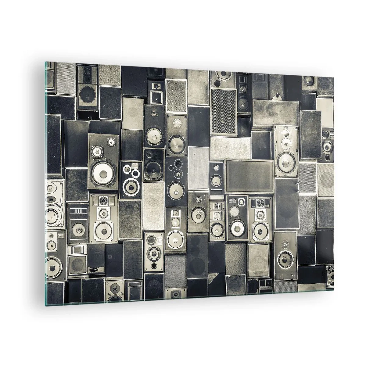 Billede på glas - En sammensætning af retrohøjttalere i grå nuancer - 70x50cm - Og alt er i orden - Moderne vægdekoration til stue og soveværelse ARTTOR