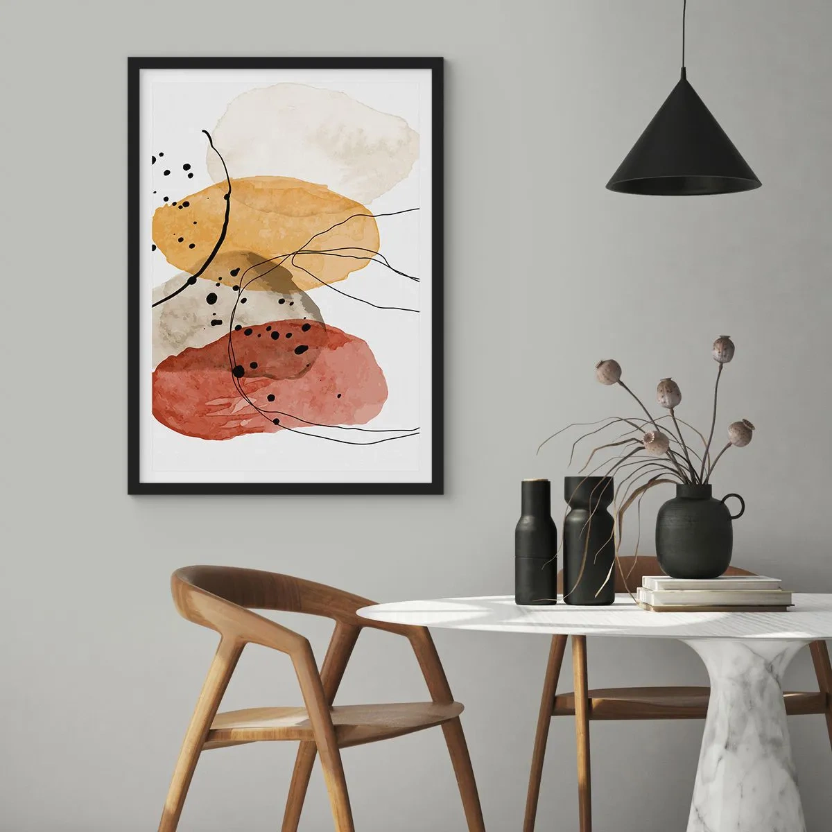 Plakat i sort ramme - Abstrakte former i beige, gule og røde nuancer - 50x70cm - Som lys, klar luft - Moderne vægdekoration til stue og soveværelse ARTTOR