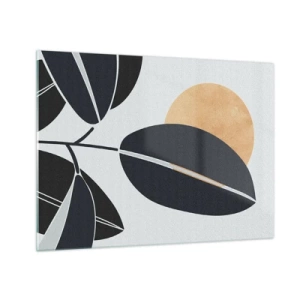 Billede på glas - Stiliserede blade i sort med en orange sol i baggrunden - 70x50cm - En dag med varm sommer - Moderne vægdekoration til stue og soveværelse ARTTOR