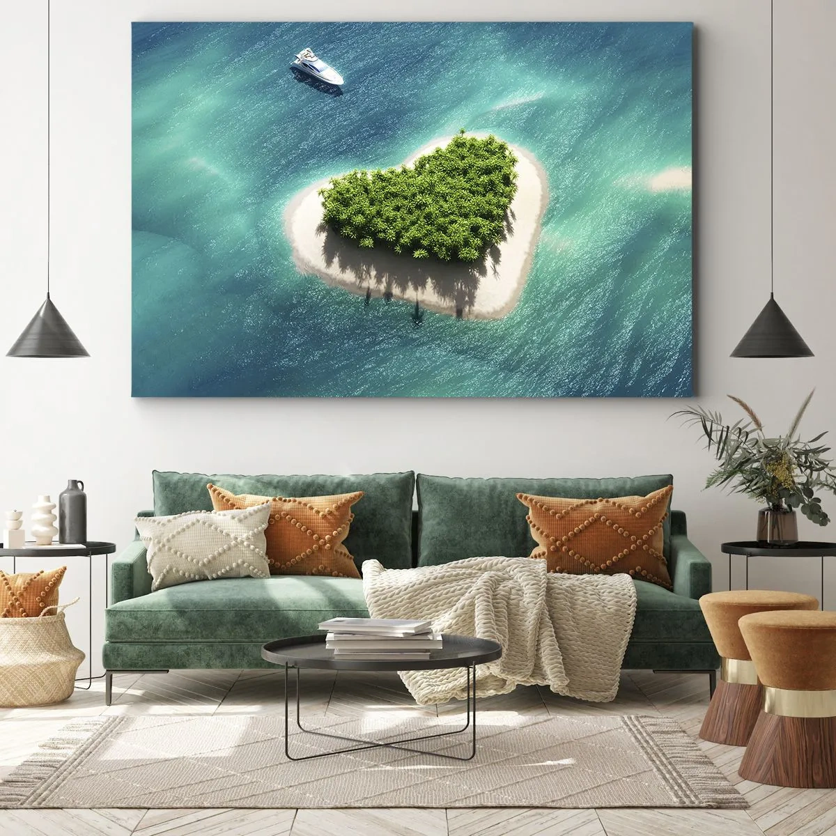 Lærredstryk - Billede på lærred - En romantisk hjerteformet ø i et turkisblåt hav - 70x50cm - Jeg elsker sommeren - Moderne vægdekoration til stue og soveværelse ARTTOR