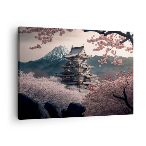 Lærredstryk - Billede på lærred - Et japansk tempel omgivet af kirsebærblomster og bjerge - 70x50cm - Kirsebærblomsternes land - Moderne vægdekoration til stue og soveværelse ARTTOR