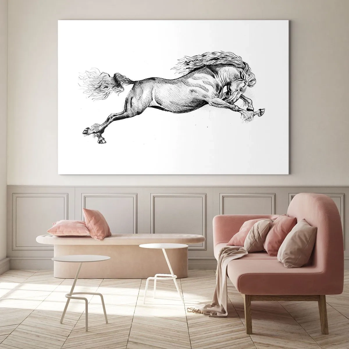Billede på glas - Sort-hvid tegning af en galoperende hest - 70x50cm - Stoppet i galop - Moderne vægdekoration til stue og soveværelse ARTTOR