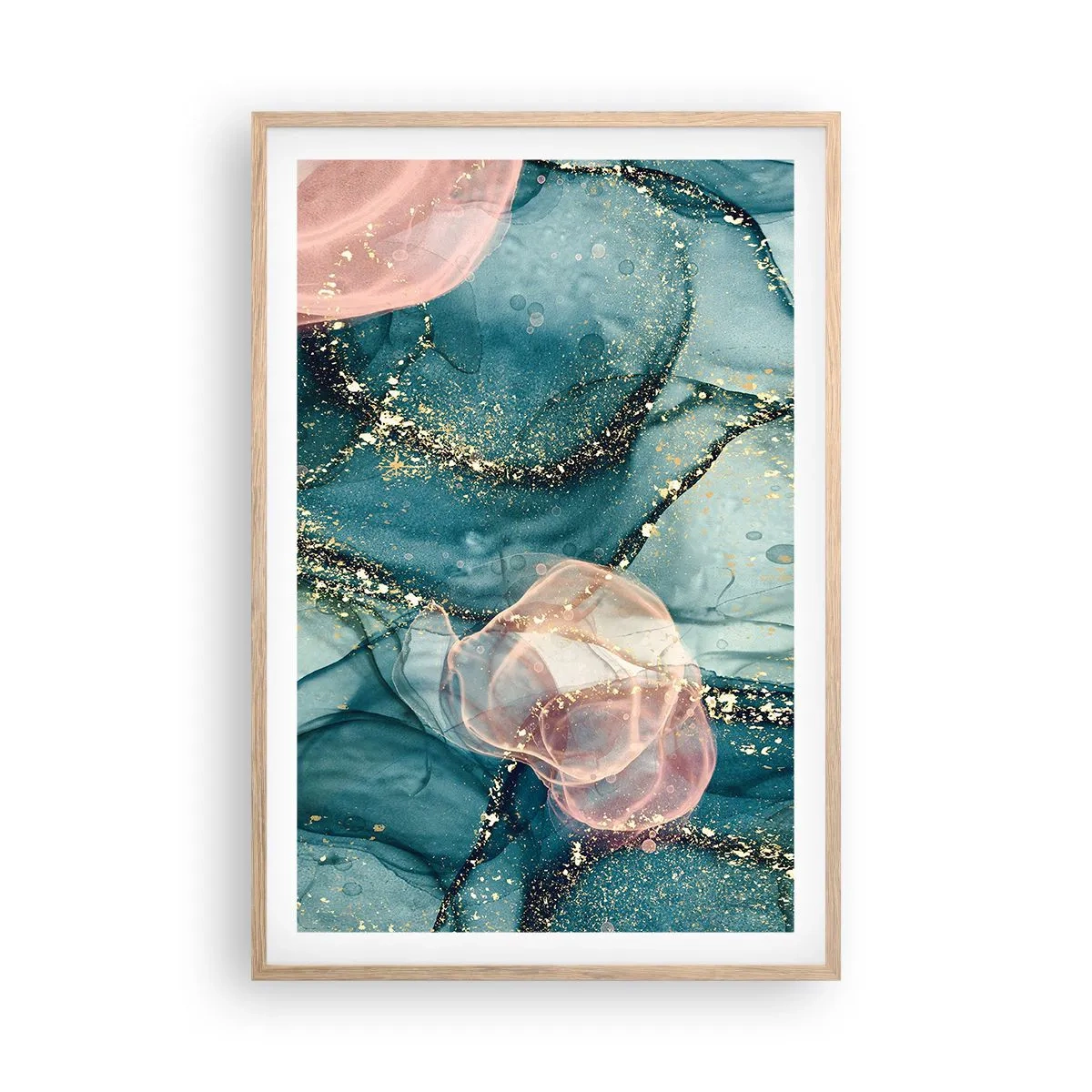 Plakat i ramme af lyst egetræ - Silkeblå, tyl lyserød - 61x91 cm