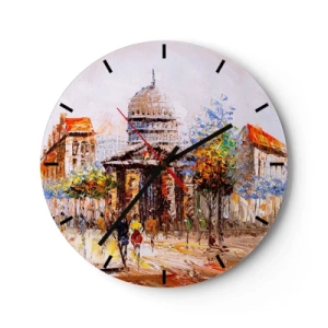 Vægur, Uret - En malerisk gadescene med katedralen i baggrunden - 30x30cm - En parisisk spadseretur - Moderne vægdekoration til stue, køkken og soveværelse ARTTOR