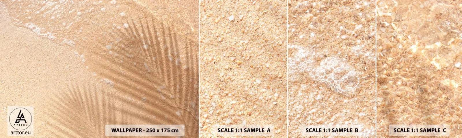 Prøve Fototapet Selvklæbende Deluxe Sticker - Skyggen af en varm sommer - Abstraktion, Sand På Stranden, Blade - 100x30 cm