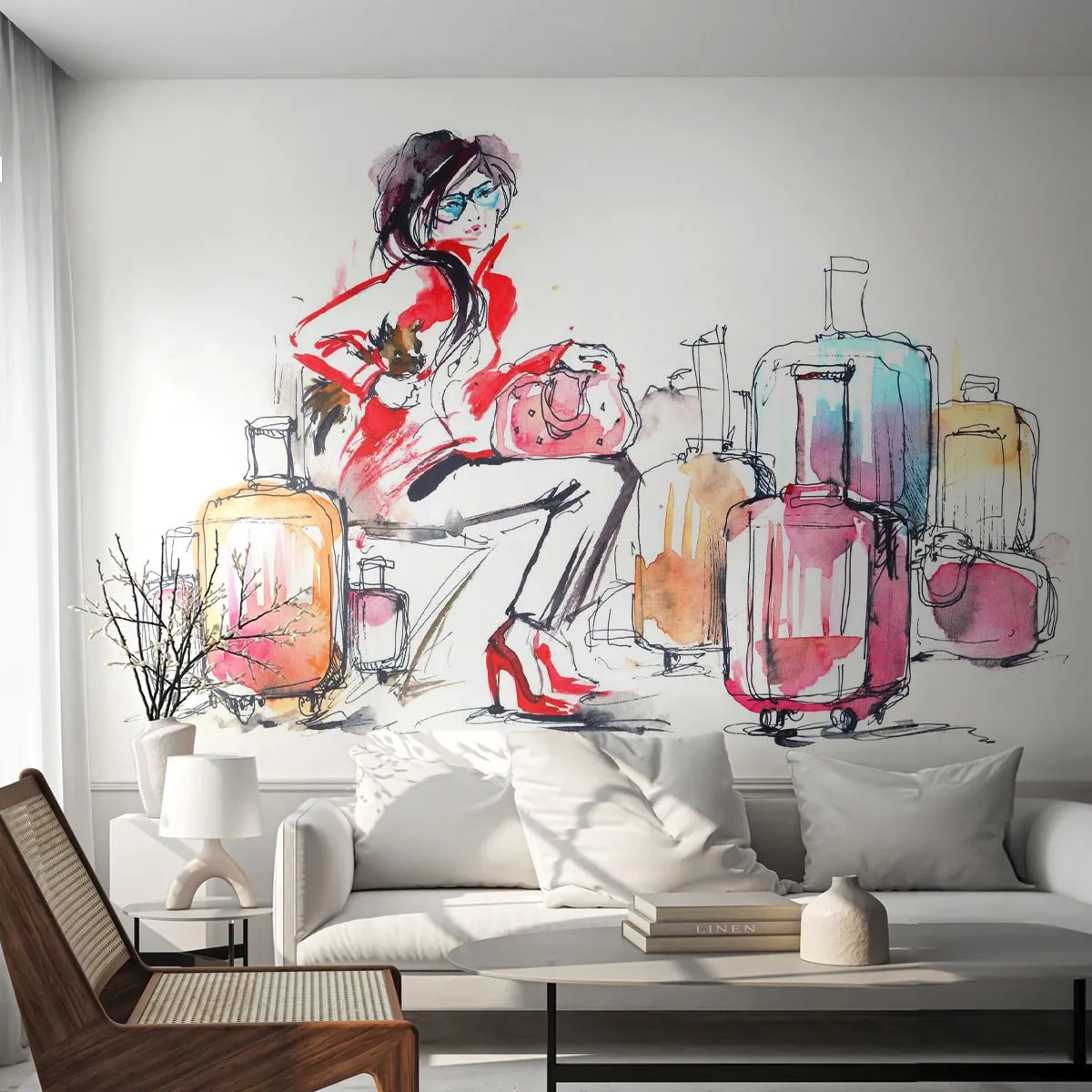 Fototapet Premium Sand - Lad os sætte os ned, inden vi rejser - Kvinde, Rejse, Kuffert - 350x256 cm