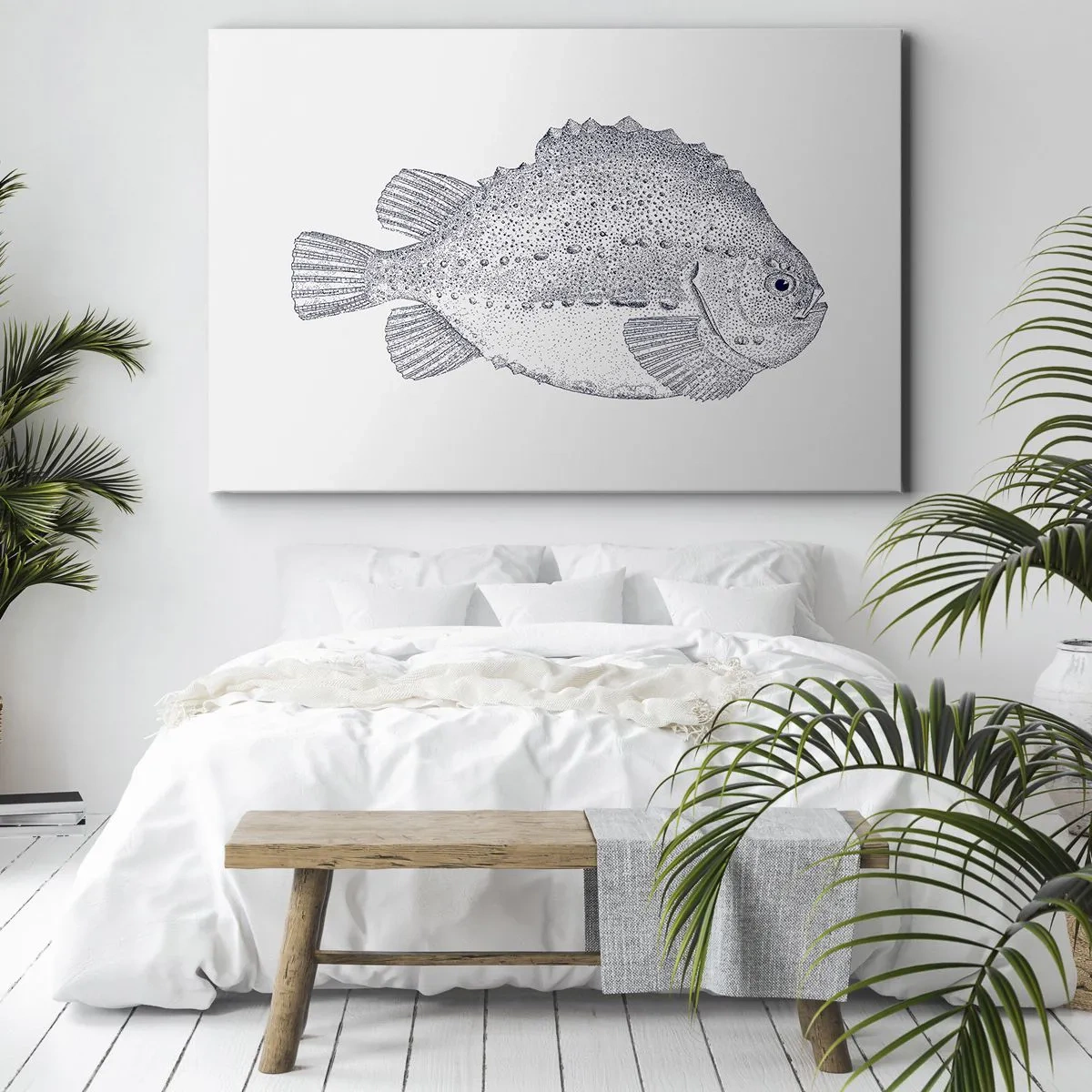 Lærredstryk - Billede på lærred - Sort-hvid tegning af en fisk på en hvid baggrund i minimalistisk stil - 70x50cm - Til naturforskerens album - Moderne vægdekoration til stue og soveværelse ARTTOR