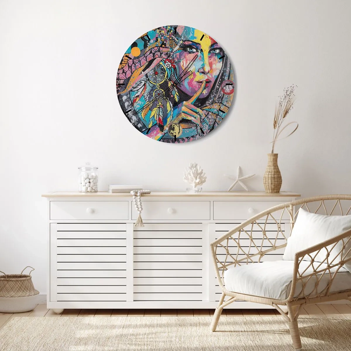 Vægur, Uret - Farverigt ansigt med fjer og et geometrisk mønster - 30x30cm - Vær tavs, indtil du forstår - Moderne vægdekoration til stue, køkken og soveværelse ARTTOR