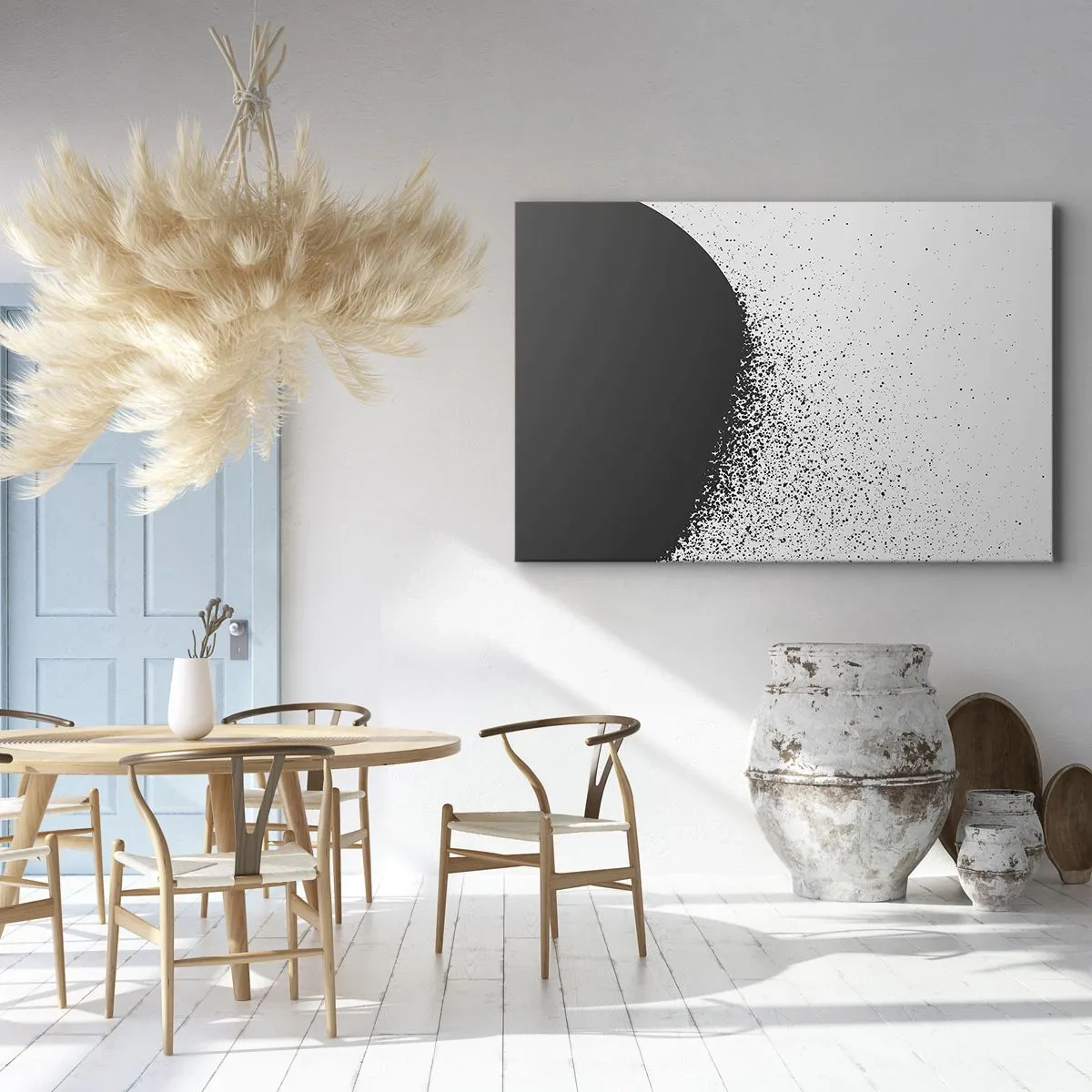 Lærredstryk - Billede på lærred - Abstrakt mønster med sorte partikler på en lys baggrund - 70x50cm - Partikelbevægelse - Moderne vægdekoration til stue og soveværelse ARTTOR