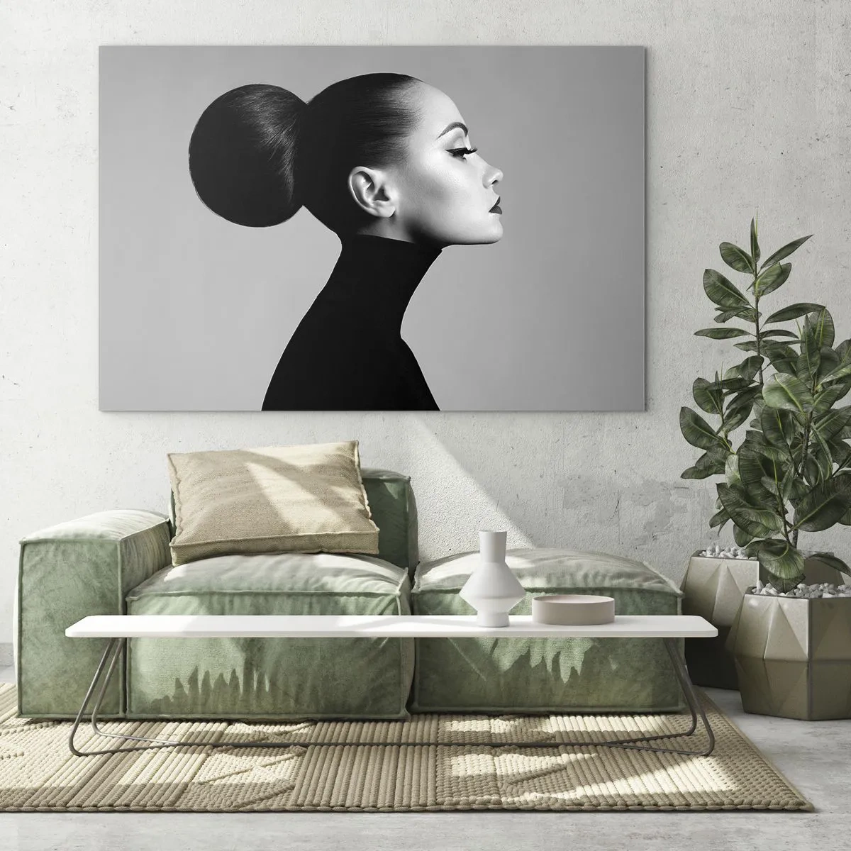 Billede på glas - Stilfuld kvinde i sort mod en grå baggrund - 70x50cm - Moderne Nefretete - Moderne vægdekoration til stue og soveværelse ARTTOR