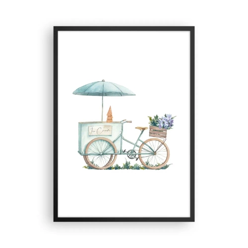 Plakat i sort ramme - Akvarel illustration af en cykel med is og blomster - 50x70cm - Sødt minde om sommeren - Moderne vægdekoration til stue og soveværelse ARTTOR