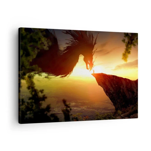 Lærredstryk - Billede på lærred - En drage og en mand på en klippe i gløden fra den nedgående sol - 70x50cm - Dragedræber - Moderne vægdekoration til stue og soveværelse ARTTOR