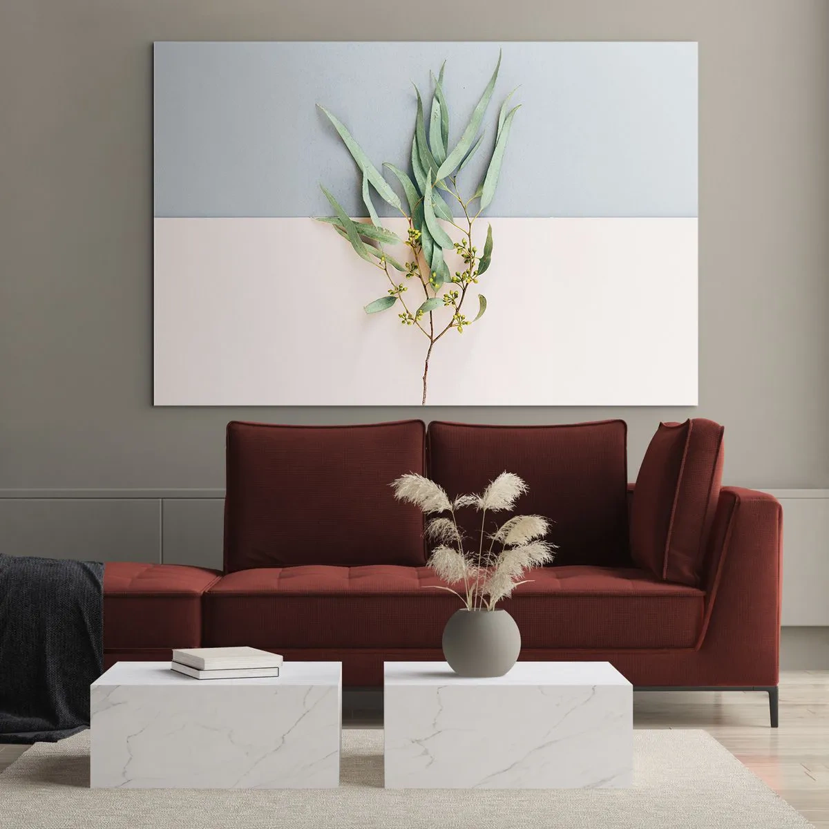 Billede på glas - En kvist eukalyptus på en pastelfarvet baggrund - 70x50cm - Pastelfarvernes subtilitet - Moderne vægdekoration til stue og soveværelse ARTTOR