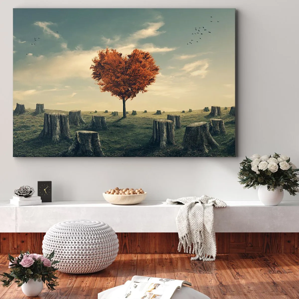 Lærredstryk - Billede på lærred - Et hjerteformet træ i en mark med stubbe, et symbol på håb - 70x50cm - Der er stadig håb - Moderne vægdekoration til stue og soveværelse ARTTOR