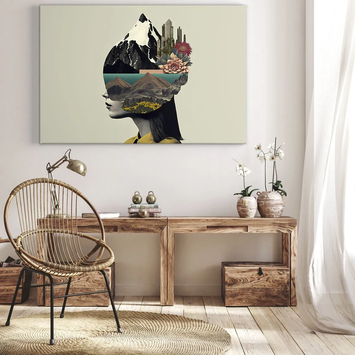 Lærredstryk - Billede på lærred - Collage af en kvinde med et bjerglandskab og blomster - 70x50cm - Kvinden - altid et mysterium - Moderne vægdekoration til stue og soveværelse ARTTOR