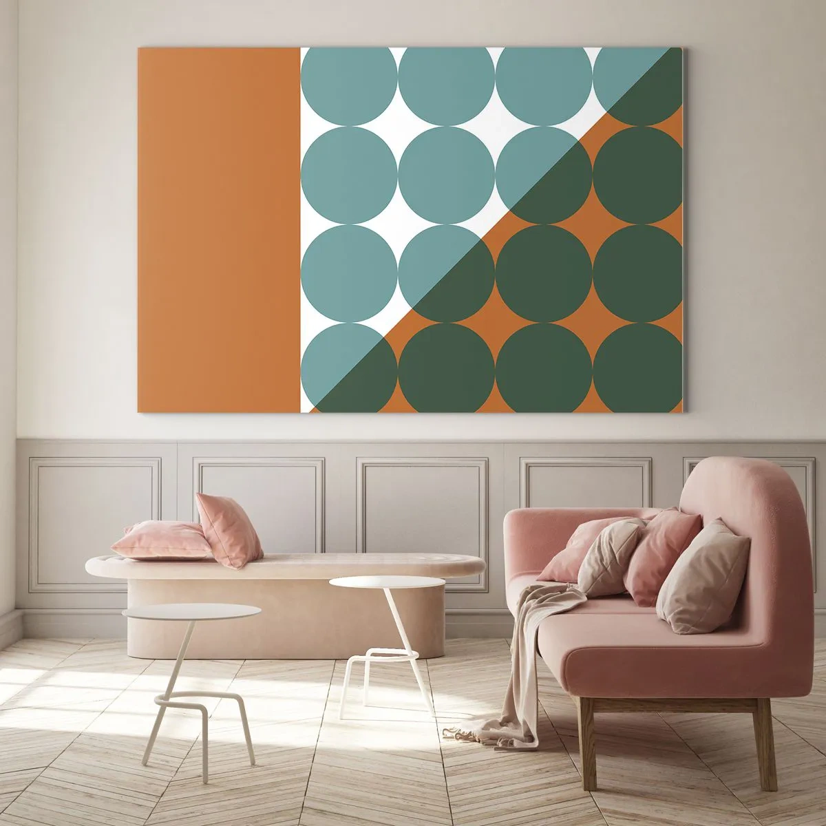 Billede på glas - Abstrakt geometrisk komposition med cirkler og en trekant - 70x50cm - Op og over - Moderne vægdekoration til stue og soveværelse ARTTOR