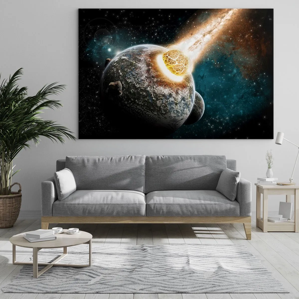 Billede på glas - En planet der kolliderer med en meteorit - 70x50cm - Udslettelse eller fødsel? - Moderne vægdekoration til stue og soveværelse ARTTOR