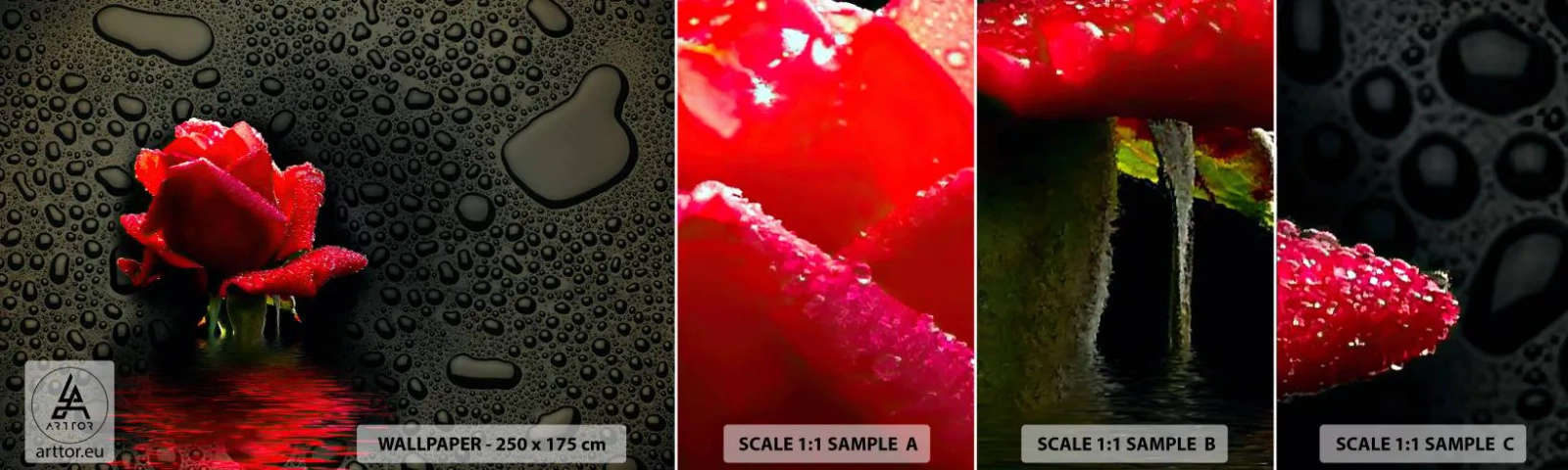 Prøve Fototapet Selvklæbende Deluxe Sticker - Rød og sort - Blomster, Rose, Vand - 100x30 cm