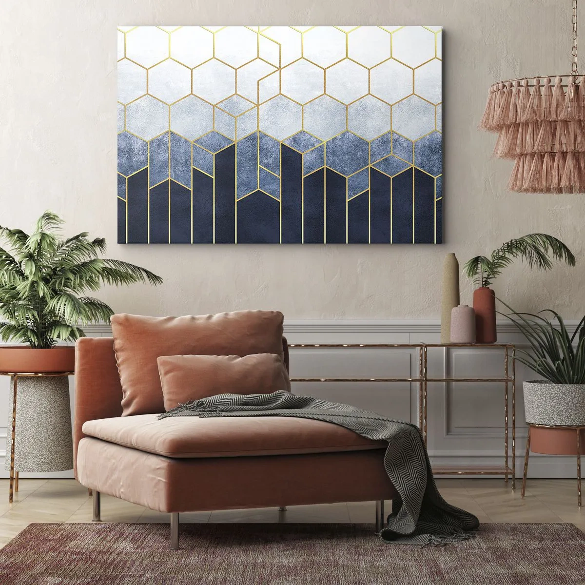 Lærredstryk - Billede på lærred - Geometrisk mønster i nuancer af guld og marineblå - 70x50cm - Komposition i synkoperet rytme - Moderne vægdekoration til stue og soveværelse ARTTOR