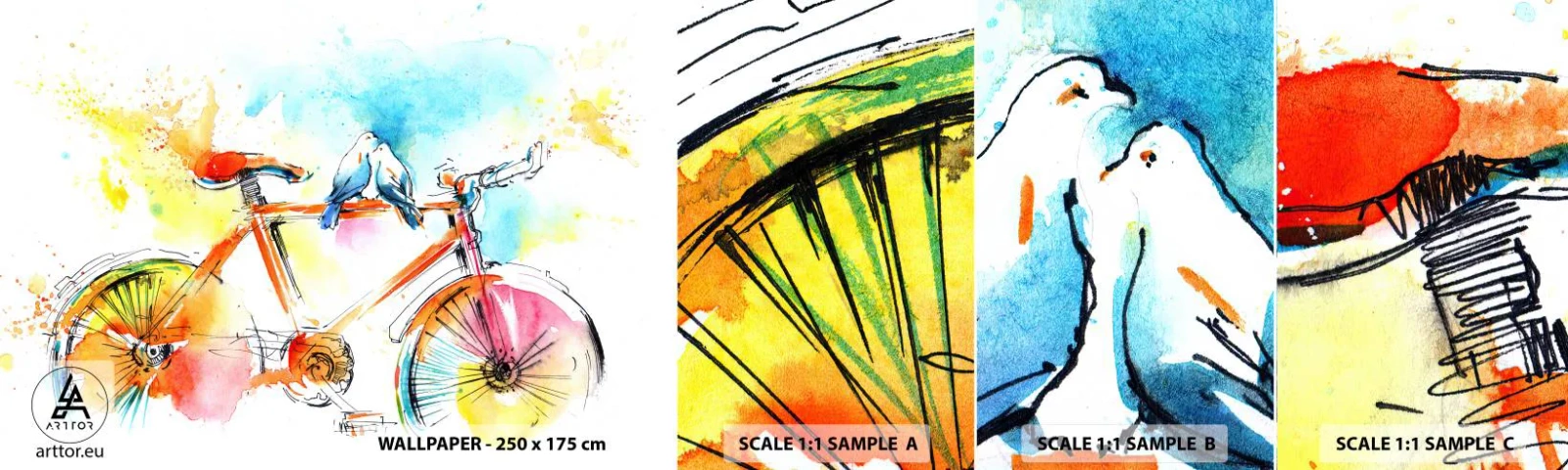 Prøve Fototapet Selvklæbende Deluxe Sticker - To på en cykel - Abstraktion, Cykel, Fugle - 100x30 cm