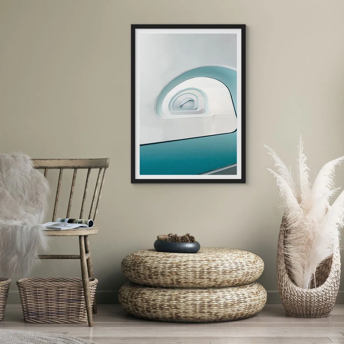 Plakat i sort ramme - Moderne buede linjer og arkitektoniske strukturer i klare farver - 50x70cm - Til bunden af det blå - Moderne vægdekoration til stue og soveværelse ARTTOR