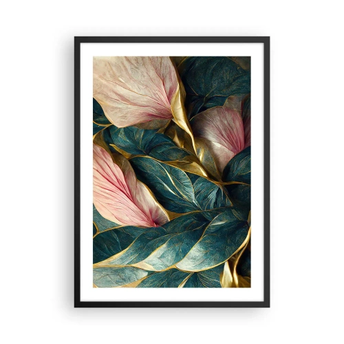 Plakat i sort ramme - En elegant komposition af blade i nuancer af grønt, guld og pink - 50x70cm - Naturlig elegance og stil - Moderne vægdekoration til stue og soveværelse ARTTOR