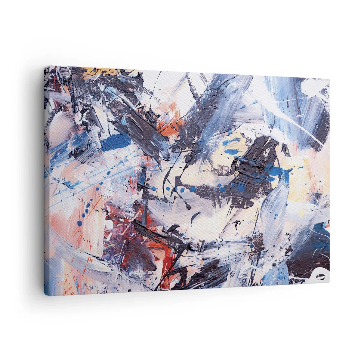 Lærredstryk - Billede på lærred - Abstraktion med dynamiske penselstrøg i blå og rød. - 70x50cm - Abstraktionens vanvittige dans - Moderne vægdekoration til stue og soveværelse ARTTOR
