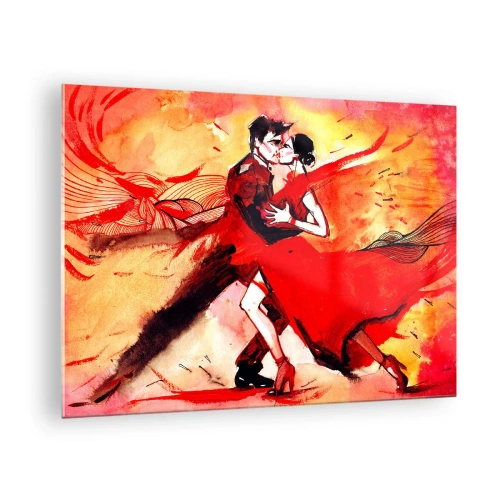 Billede på glas - Et par, der danser i en dynamisk rød komposition - 70x50cm - Lilla rytme af lidenskab - Moderne vægdekoration til stue og soveværelse ARTTOR