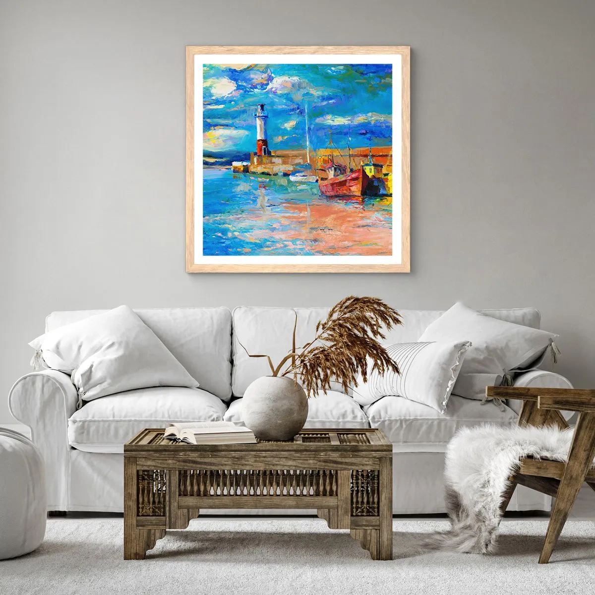 Plakat i ramme af lyst egetræ - Eftermiddag i regnbuebugten - 30x30 cm