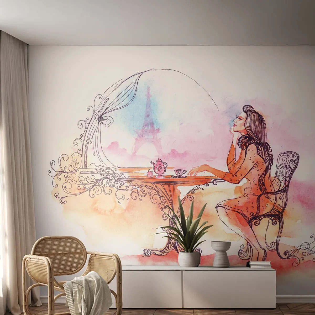 Fototapet Standard Eco - Parisisk elegance - Paris, Kvinde, Eiffeltårnet - 350x256 cm