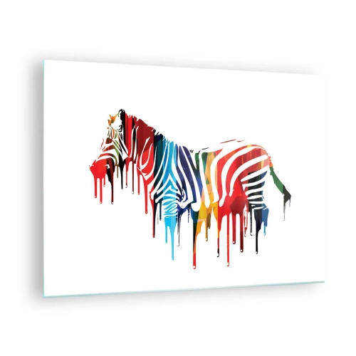Billede på glas - En farverig zebra i en abstrakt form med en dryppende malingeffekt. - 70x50cm - Ikke kun sort og hvidt - Moderne vægdekoration til stue og soveværelse ARTTOR