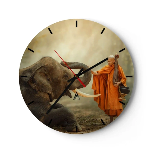 Vægur, Uret - En buddhistisk munk og en elefant i fredelige, naturlige omgivelser - 30x30cm - Møde på ferien - Moderne vægdekoration til stue, køkken og soveværelse ARTTOR