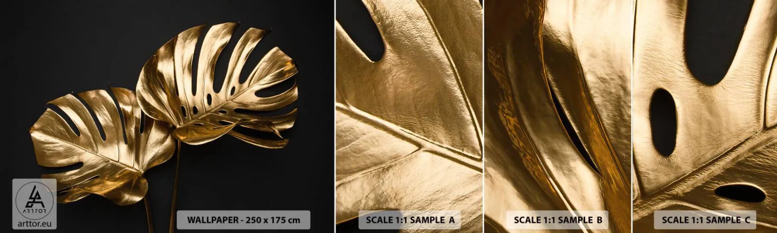 Prøve Fototapet Selvklæbende Deluxe Sticker - Naturens skatte - Abstraktion, Gyldne Blade, Monstera blad - 100x30 cm