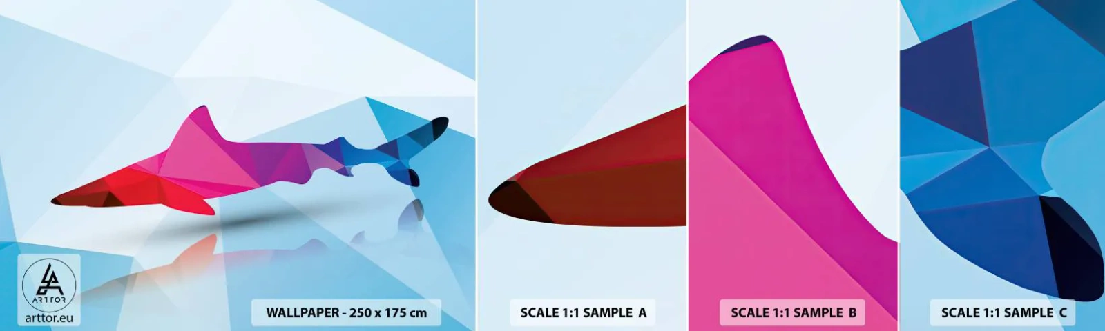 Prøve Fototapet Selvklæbende Deluxe Sticker - En haj i et krystallinsk rum - Dyr, Haj, Geometrisk figur - 100x30 cm