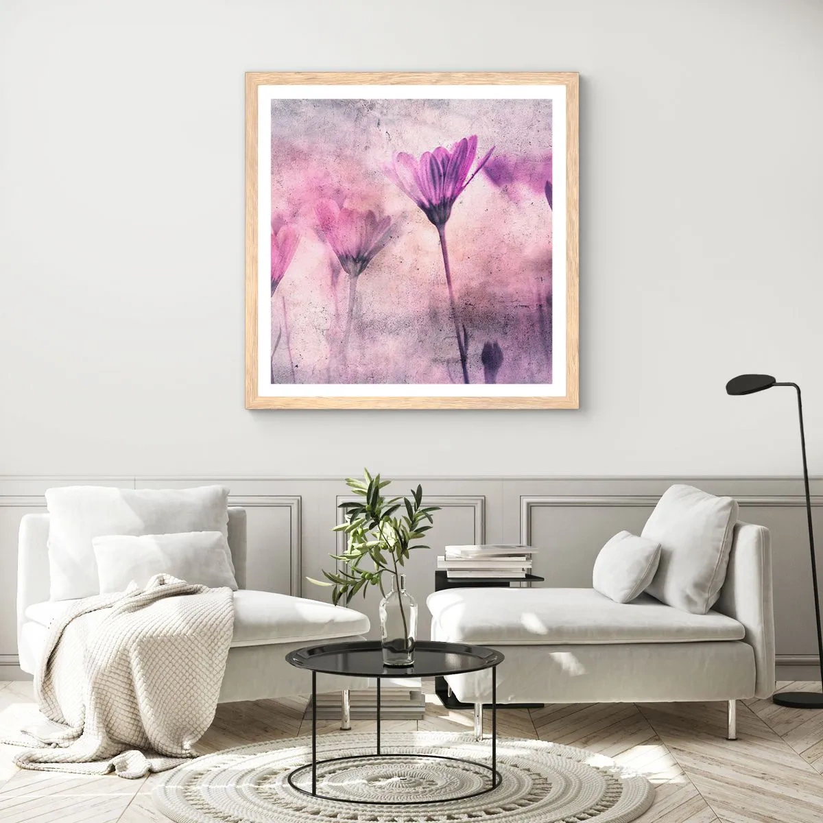Plakat i ramme af lyst egetræ - En drøm af blomster - 60x60 cm