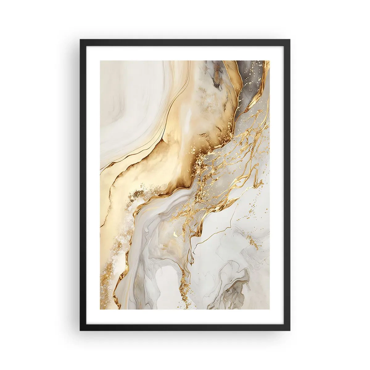 Plakat i sort ramme - Abstrakt guld og hvid marmorkomposition - 50x70cm - Abstraktion: skønhed og godhed - Moderne vægdekoration til stue og soveværelse ARTTOR