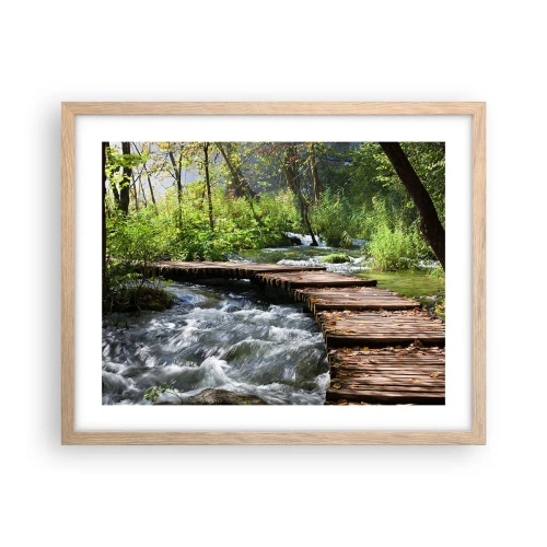 Plakat i ramme af lyst egetræ - Over en skummende kaskade - 50x40 cm