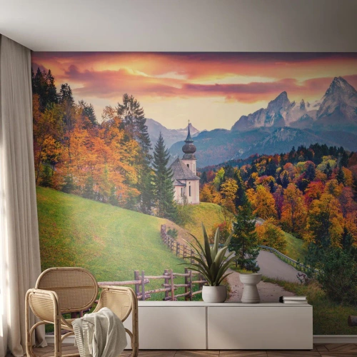 Fototapet Selvklæbende Deluxe Sticker - Landskab som maleri - Bjerglandskab, Sti, Kirke - 100x70 cm